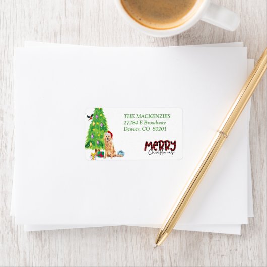 ゴールデンレトリバーとクリスマスツリー差出人住所 ラベル (インサイチュ)