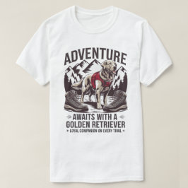 ゴールデンレトリバーと冒険ハイキングのデザイン Tシャツ