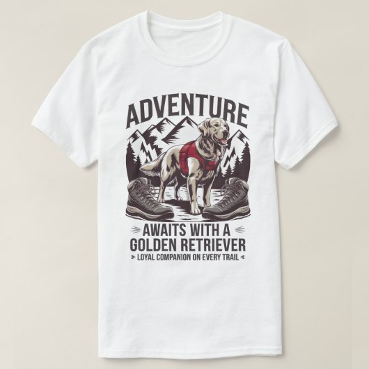 ゴールデンレトリバーと冒険ハイキングのデザイン Tシャツ (デザイン正面)
