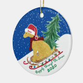 ゴールデンレトリバーに乗ってクリスマスツリーそり セラミックオーナメント (左)