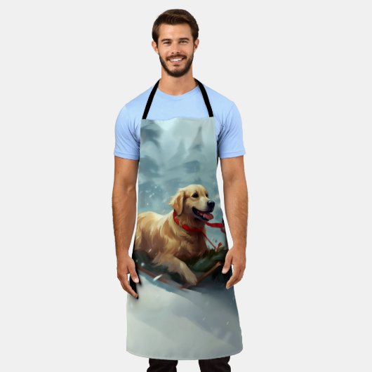 ゴールデンレトリバーのクリスマス雪の冬 エプロン (着用した状態)