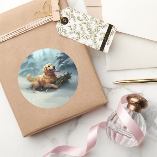 ゴールデンレトリバーのクリスマス雪の冬 ラウンドシール (ギフト)