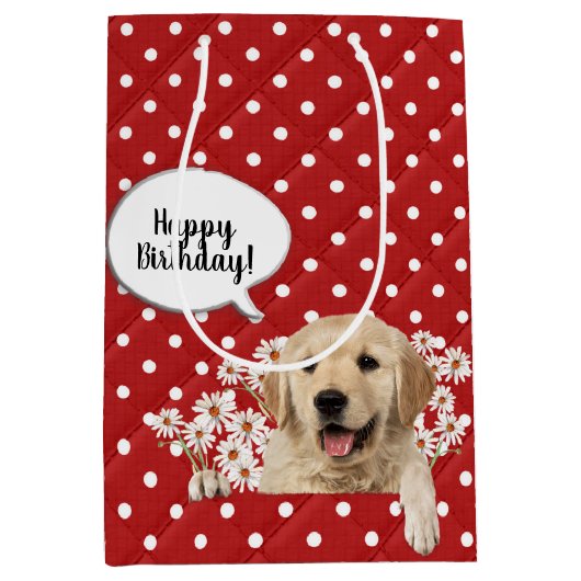 ゴールデンレトリバーのデイジーオン水玉模様 ミディアムペーパーバッグ (正面)