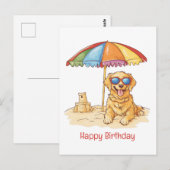ゴールデンレトリバーのビーチドッグお誕生日おめでとう ポストカード (正面/裏面)
