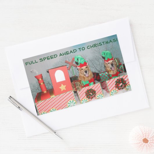 ゴールデンレトリバーのフルスピードがクリスマス前の列車 長方形シール (封筒)