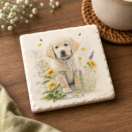 ゴールデンレトリバーの仔犬と花のイラストデザイングッズ ストーンコースター