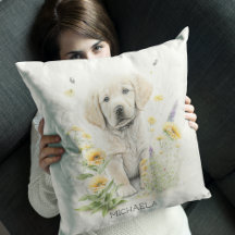 ゴールデンレトリバーの仔犬と花の名入れデザイン