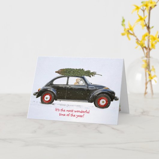 ゴールデンレトリバーの古い車の休日の木 カード (黄色い花)