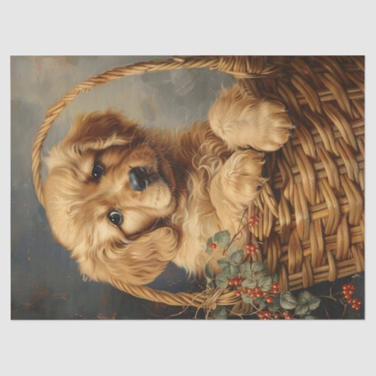 ゴールデンレトリバーの子犬がバスケットのデコパージュで 薄葉紙 (正面)