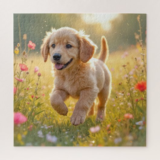 ゴールデンレトリバーの子犬が牧草地を走る ジグソーパズル (縦)