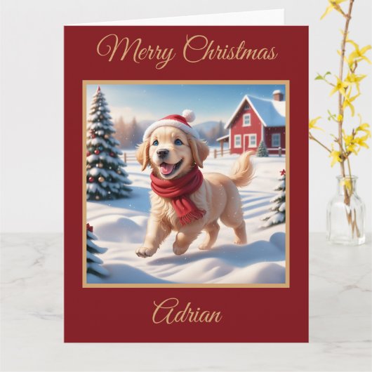 ゴールデンレトリバーの子犬が農場でクリスマスに カード (黄色い花)