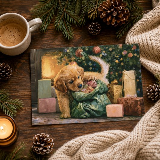 ゴールデンレトリバーの子犬とクリスマスツリー シーズンカード