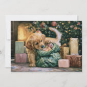 ゴールデンレトリバーの子犬とクリスマスツリー シーズンカード (正面)