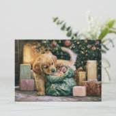 ゴールデンレトリバーの子犬とクリスマスツリー シーズンカード (スタンド正面)