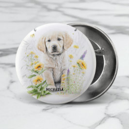 ゴールデンレトリバーの子犬と花のモノグラム名 缶バッジ