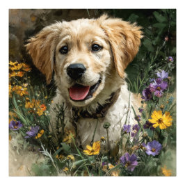 ゴールデンレトリバーの子犬と野の花の喜び フォトプリント           