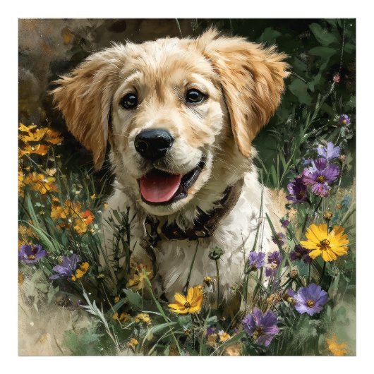 ゴールデンレトリバーの子犬と野の花の喜び フォトプリント (正面)
