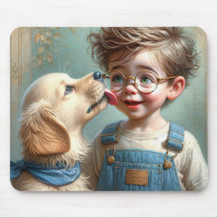 ゴールデンレトリバーの子犬にキスされた小さな男の子 マウスパッド