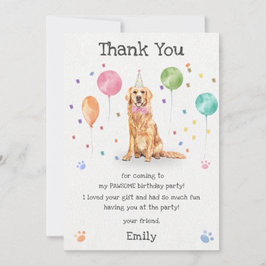 ゴールデンレトリバーの子犬の犬の誕生日感謝カード 招待状 (正面)