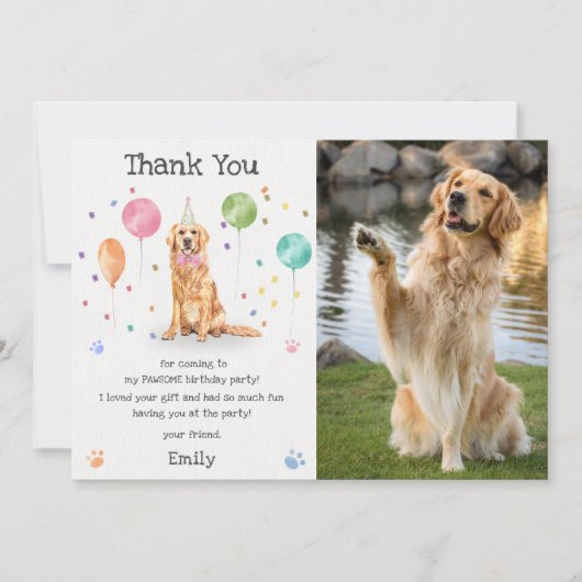 ゴールデンレトリバーの子犬の犬の誕生日感謝カード 招待状 (正面)