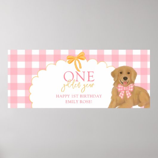 ゴールデンレトリバーの子犬の1歳の誕生日おめでとう ピンク ポスター (正面)