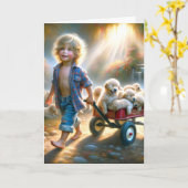 ゴールデンレトリバーの子犬をワゴン カード (黄色い花)