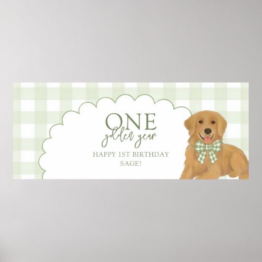 ゴールデンレトリバーの子犬1歳の誕生日おめでとうグリーン ポスター (正面)
