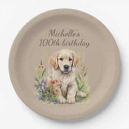 ゴールデンレトリバーの子犬100歳の誕生日 ペーパープレート