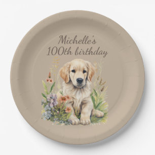 ゴールデンレトリバーの子犬100歳の誕生日 ペーパープレート