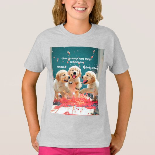 ゴールデンレトリバーの子犬3匹 Tシャツ (正面)