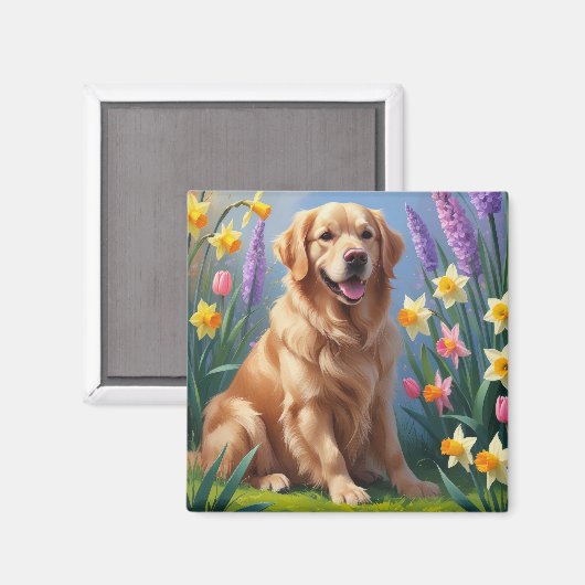 ゴールデンレトリバーの春の花の絵 マグネット (正面/裏面)