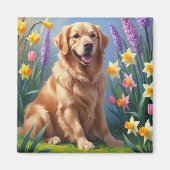 ゴールデンレトリバーの春の花の絵 マグネット (正面)