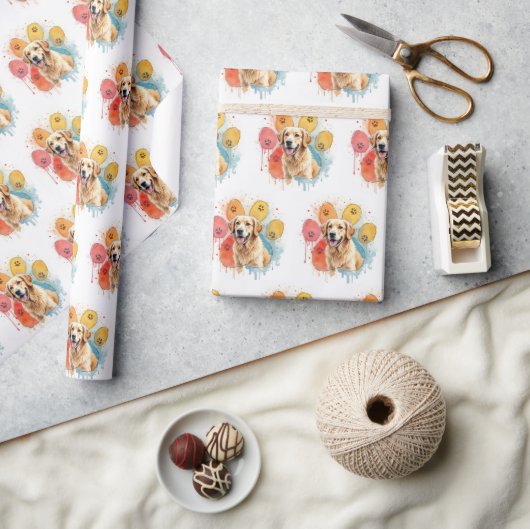 ゴールデンレトリバーの水彩ポープリント ラッピングペーパー (クラフト)