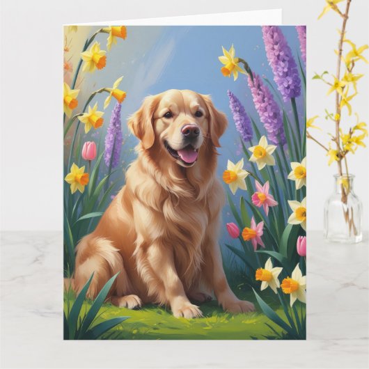 ゴールデンレトリバーの犬と春の花の絵 カード (黄色い花)