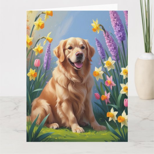 ゴールデンレトリバーの犬と春の花の絵 カード (正面)