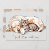 ゴールデンレトリバーの犬と猫が抱き合うホリデーカード シーズンカード (正面/裏面)