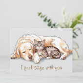 ゴールデンレトリバーの犬と猫が抱き合うホリデーカード シーズンカード (スタンド正面)