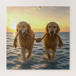 ゴールデンレトリバーの犬と結び目のあるロープ ジグソーパズル