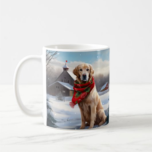 ゴールデンレトリバーの犬と雪のクリスマス コーヒーマグカップ (左)