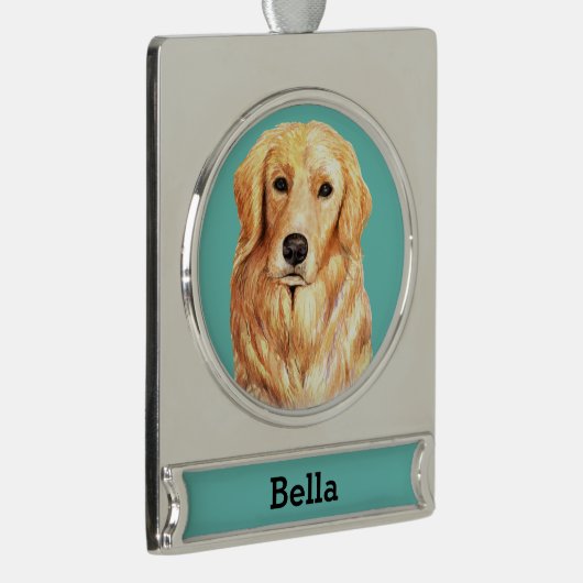 ゴールデンレトリバーの犬の肖像 パーソナライズド シルバープレートバナーオーナメント (右)