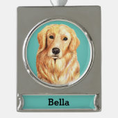 ゴールデンレトリバーの犬の肖像 パーソナライズド シルバープレートバナーオーナメント (正面)