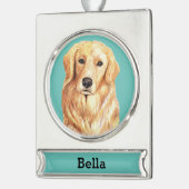 ゴールデンレトリバーの犬の肖像 パーソナライズ シルバープレートバナーオーナメント (左)