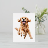 ゴールデンレトリバーよくはしゃぐハッピーおもしろいジャンプ 箔シーズンポストカード (立ち正面)