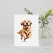 ゴールデンレトリバーよくはしゃぐハッピーおもしろいジャンプ 箔シーズンポストカード (立ち正面)