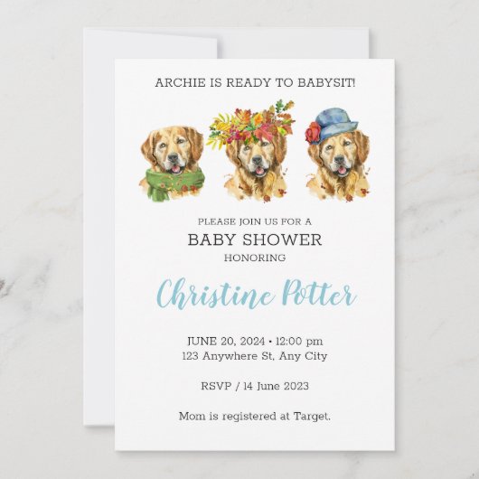ゴールデンレトリバーウォーターカラーベビーシャワー招待状 招待状 (正面)