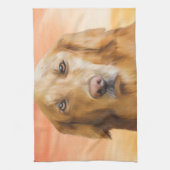 ゴールデンレトリバードッグウォーターカラーアートオイルペインティング キッチンタオル (縦)
