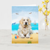ゴールデンレトリバードッグオンビーチ カード (黄色い花)