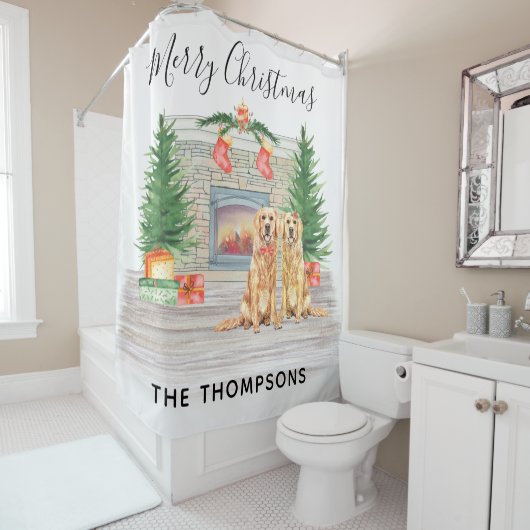 ゴールデンレトリバードッグクリスマス暖炉シーン シャワーカーテン (インサイチュ)