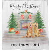 ゴールデンレトリバードッグクリスマス暖炉シーン シャワーカーテン (正面)