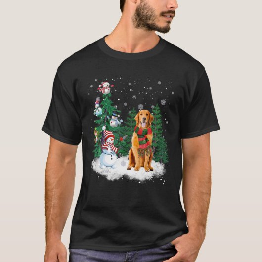 ゴールデンレトリバードッグクリスマス雪だるまクリスマスツリーP Tシャツ (正面)